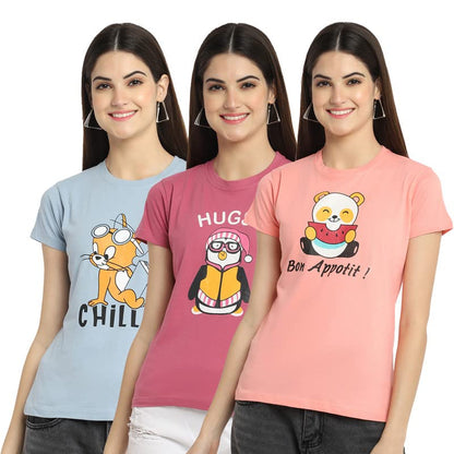 Preneum Womens Cotton Regular Fit Latest Graphic Stylish Printed Short Sleeves Casual T-Shirt || Latest Trendy & Style (Pack 3)