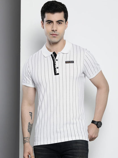 The Indian Garage Co Men Slim Fit Striped Polo Collar Tshirt White
