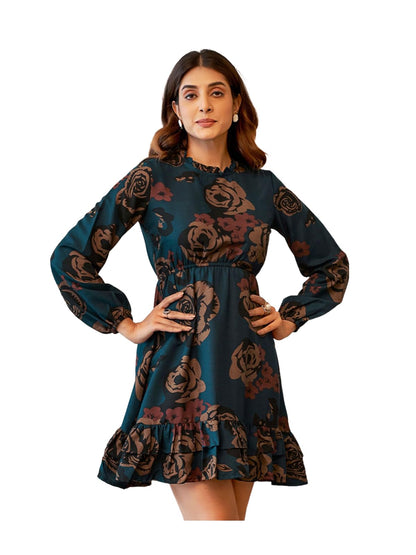 Selvia WomenS Western Dress | Printed Full Sleeve Rayon Blend Western Dress For Women | Banded Collar Fit & Flare Dress For Wom