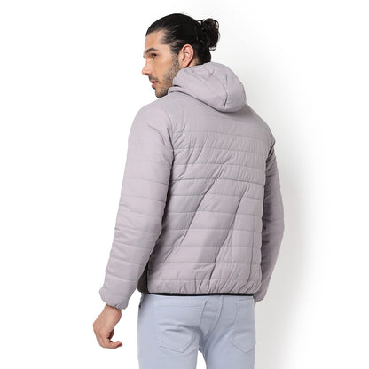 Campus Sutra Mens Grey Solid Puffer Regular Fit Bomber Jacket For Winter Wear | Hooded Collar | Full Sleeve | Zipper | Casual J
