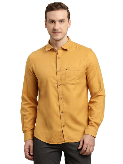 Turtle Men Cotton Lyocell Mustard Solid Slim Fit Full Sleeve Casual Shirt