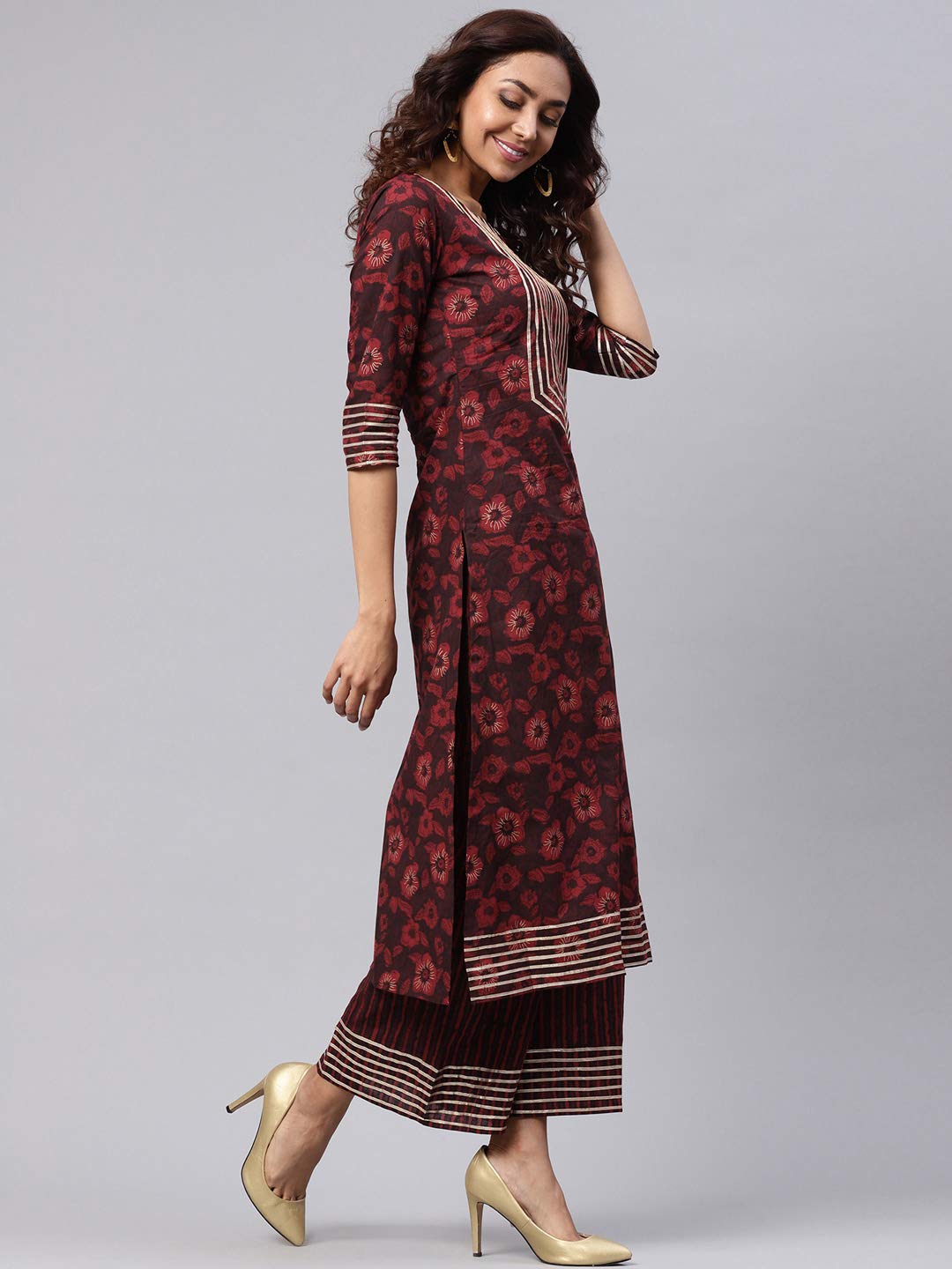 Idalia Cotton Kurta for Women - Printed Straight Cotton Kurta Set with Palazzo Pant - Pure Cotton Kurta Sets for Festive & Party Occasions - Buy Kurtas for Ladies 3/4 Sleeve, Round v neck, Calf length