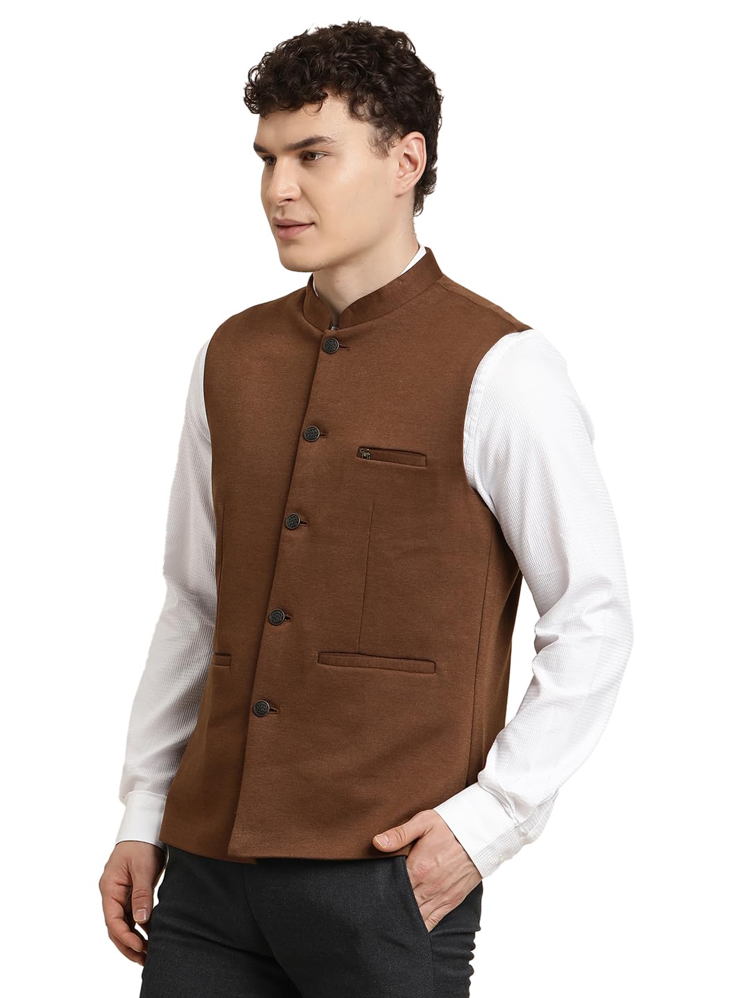 Turtle Men Brown Knitted Solid Party Nehru Jacket