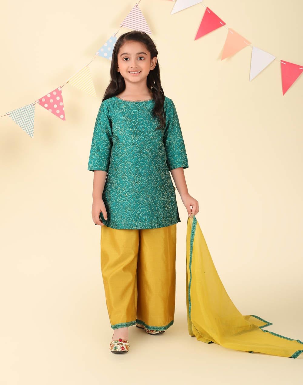 Fabindia Teal Cotton Silk Hand Block Printed 3Pc Palazzo Set