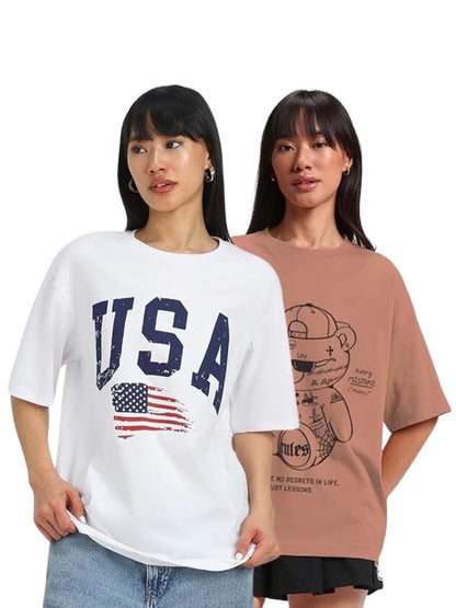 Juneberry 100% Pure Cotton Oversized Loose Baggy Fit Drop Shoulder Cool Graphic Prinred Half Sleeve T-Shirts For Women & Girls (