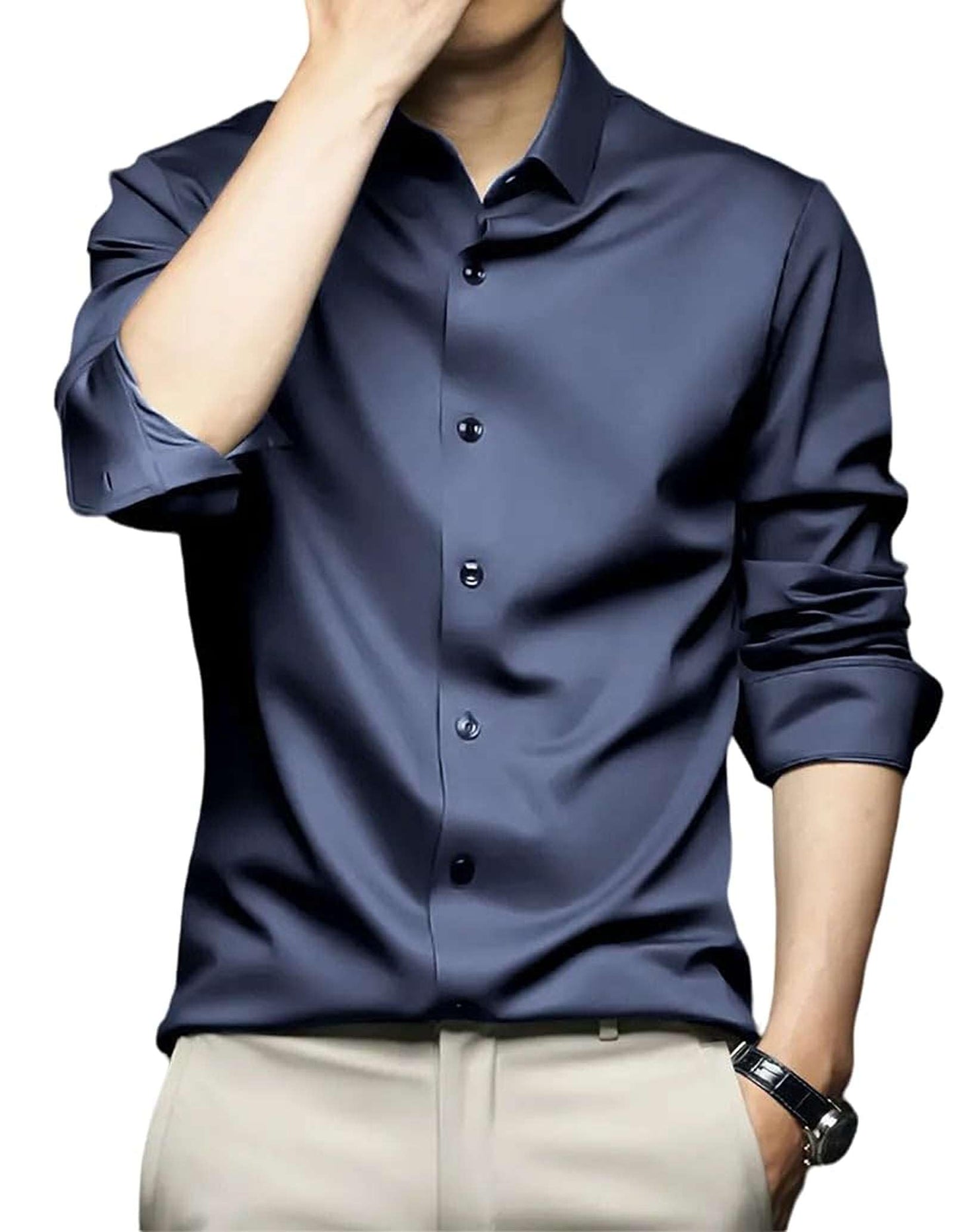 Deelmo MenS Stylish Solid Satin Casual Shirt For Men Full Sleeves| Poly Satin Silk Shirt Navy Blue