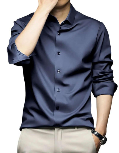 Deelmo MenS Stylish Solid Satin Casual Shirt For Men Full Sleeves| Poly Satin Silk Shirt Navy Blue