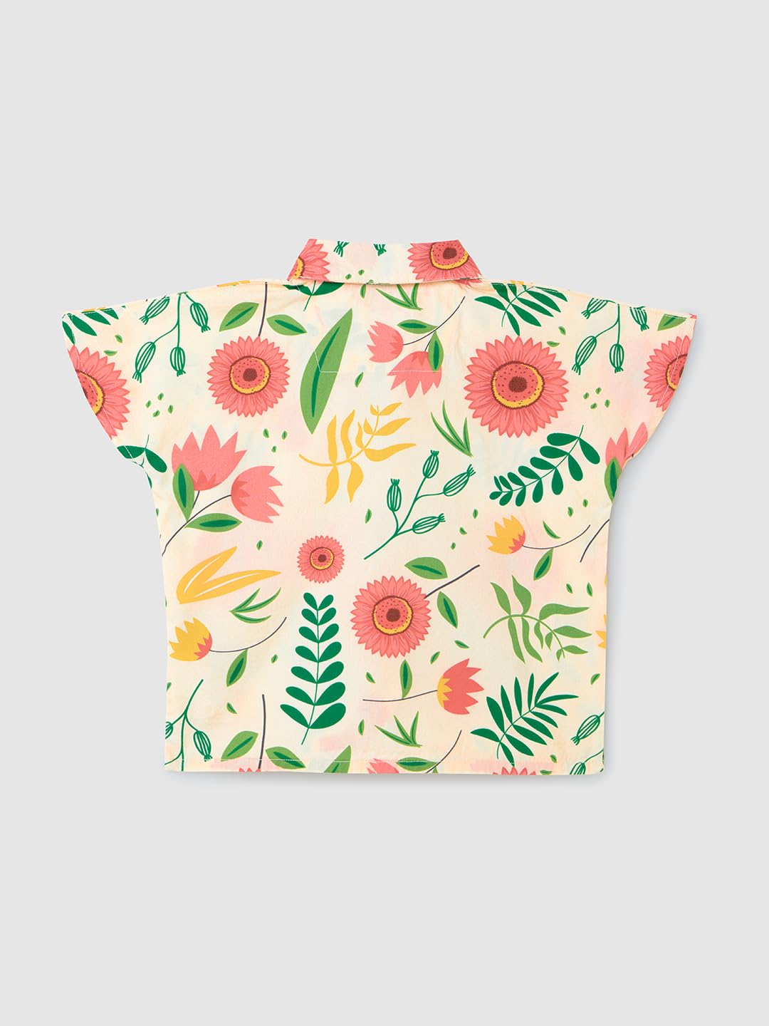 The Souled Store Tropical Young Girls Short Sleeves Collared Neck Button Front Off White All Over Printed Cotton Crop Tops (8-14