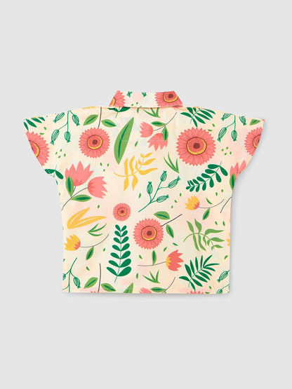 The Souled Store Tropical Young Girls Short Sleeves Collared Neck Button Front Off White All Over Printed Cotton Crop Tops (8-14