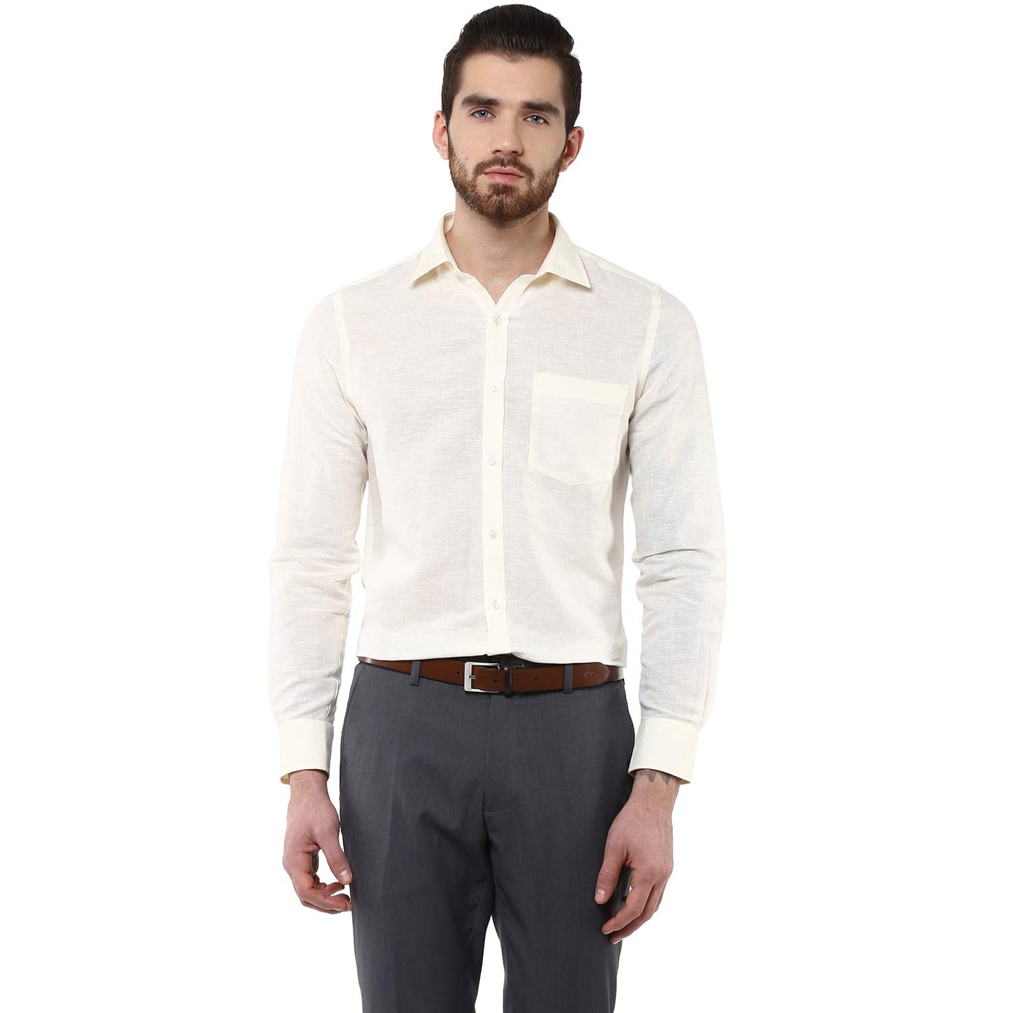 Turtle Men Cotton Linen Slim Fit Solid Formal Shirts Cream