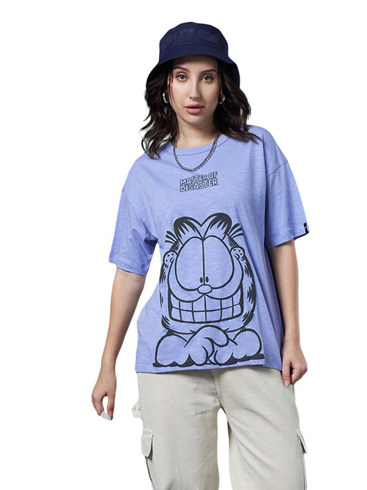 Bewakoof Air 1.0 Official Garfield Merchandise Womens Graphic Printed Oversized Fit Half Sleeve Round Neck Cotton Tshirt_615029