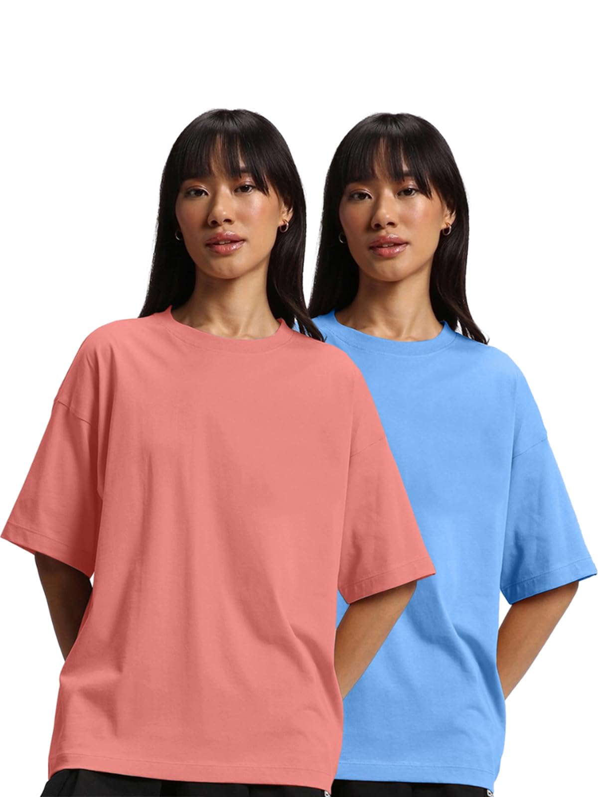 JUNEBERRY Pure Cotton Drop Shoulder Oversized Baggy Fit Half Sleeve Plain Solid Round Neck Multicolor T-Shirt for Women & Girls