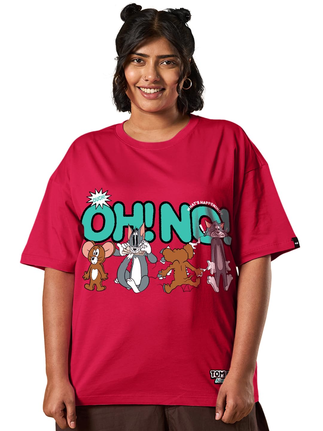 Bewakoof Official Tom & Jerry Merchandise Women Graphic Print Oversized Fit Half Sleeve Round Neck Cotton Jersey Plus Size Tshir