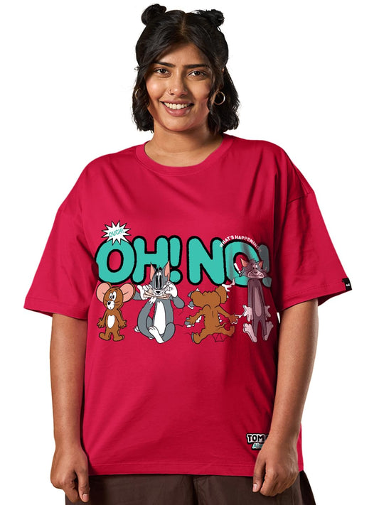 Bewakoof Official Tom & Jerry Merchandise Women Graphic Print Oversized Fit Half Sleeve Round Neck Cotton Jersey Plus Size Tshir