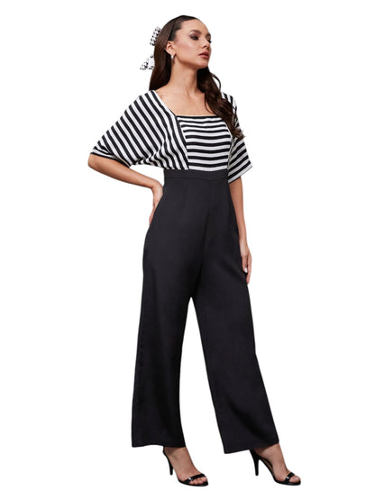 Miss Chase WomenS Square Neck Half Sleeve Striped Jumpsuit (Mcss24D19-55-98-05, Black & White, L)