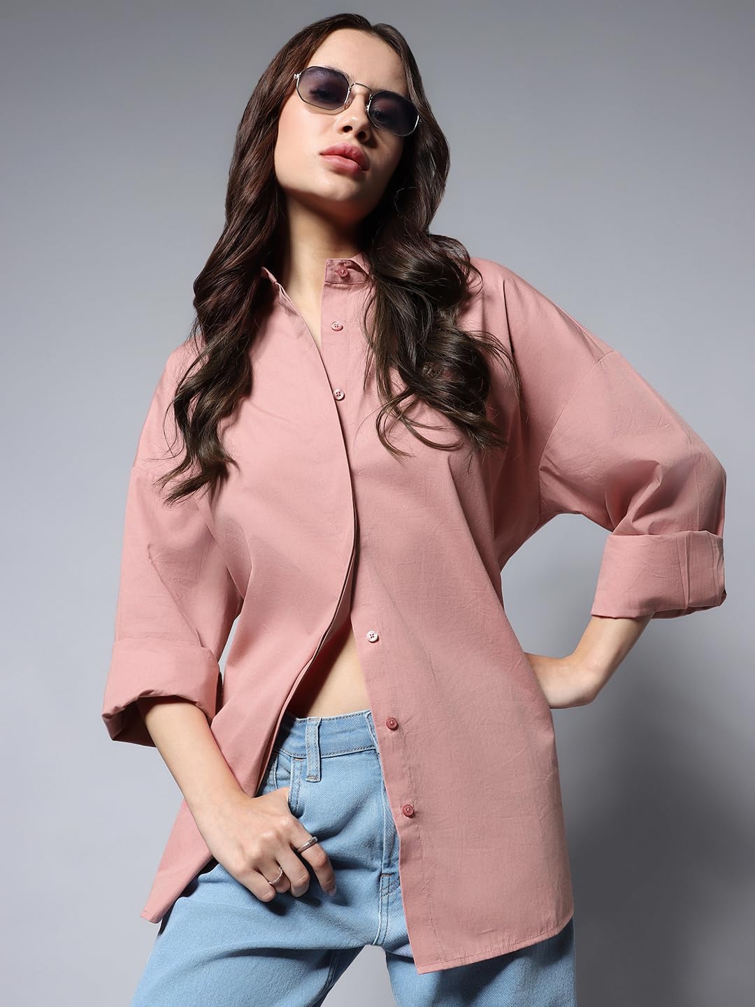 High Star WomenS Cotton Solid Oversized Fit Shirt (Hswshs23001_Pink_1)