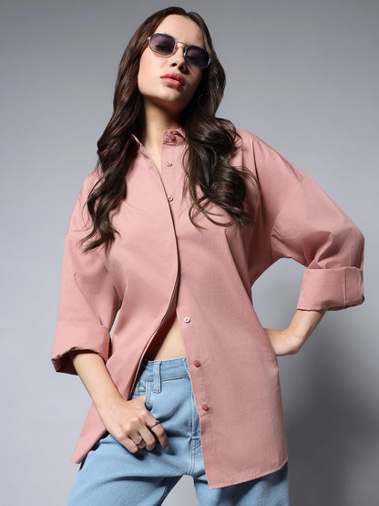 High Star WomenS Cotton Solid Oversized Fit Shirt (Hswshs23001_Pink_1)
