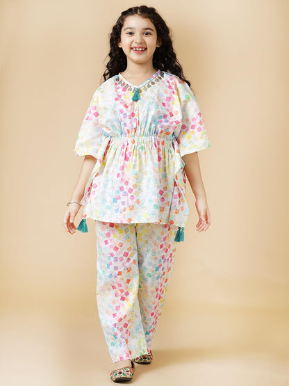 A.T.U.N. (ALL THINGS UBER NICE) Girls Multi Printed Polysilk Top with Straight Pant Set