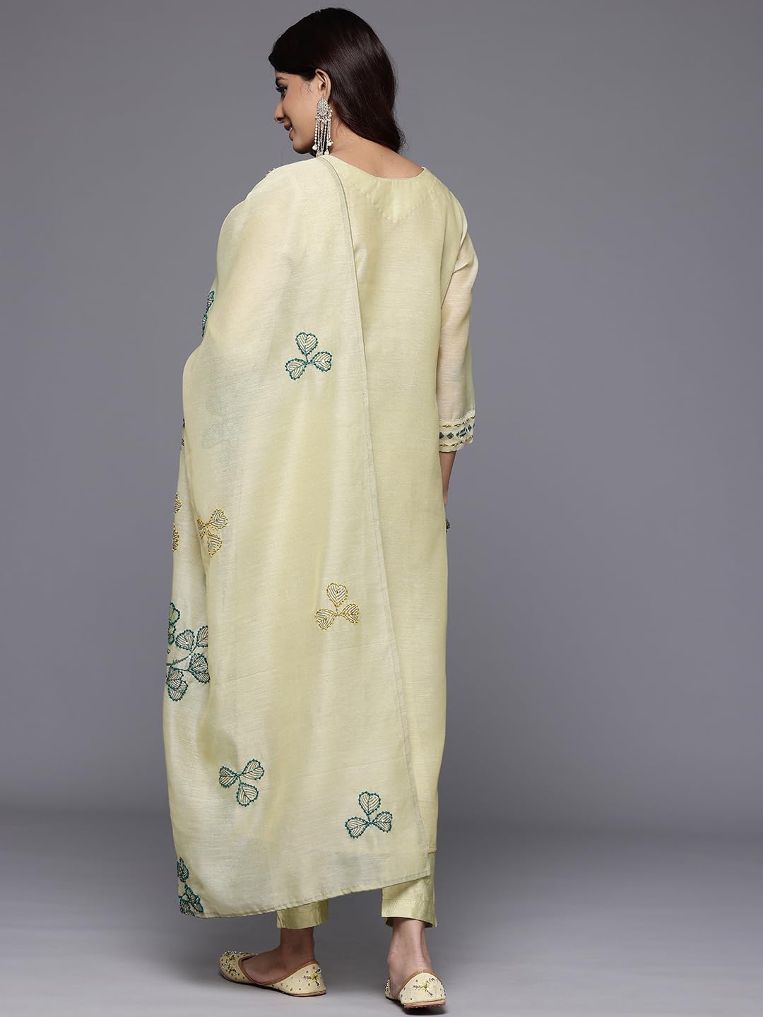 Varanga Women Olive Floral Printed Thread Embroidered Kurta With Bottom And Dupatta, Scallop V Neck, Three-Quarter Sleeves, Stra