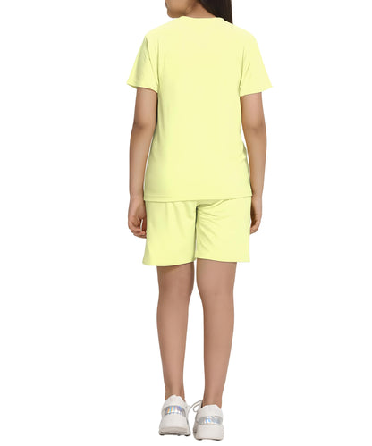 Kyda Kids 100% Pure Cotton Premium Chest Printed Tshirt And Short Set For Girls (Pack Of 1) Light Ivory