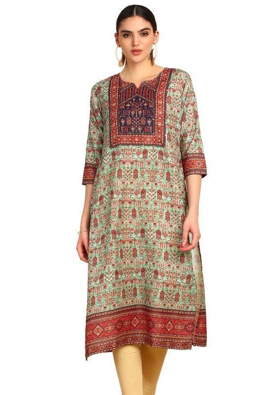 Soch Womens Green Ethnic Motifs Print Muslin Blend Kurta