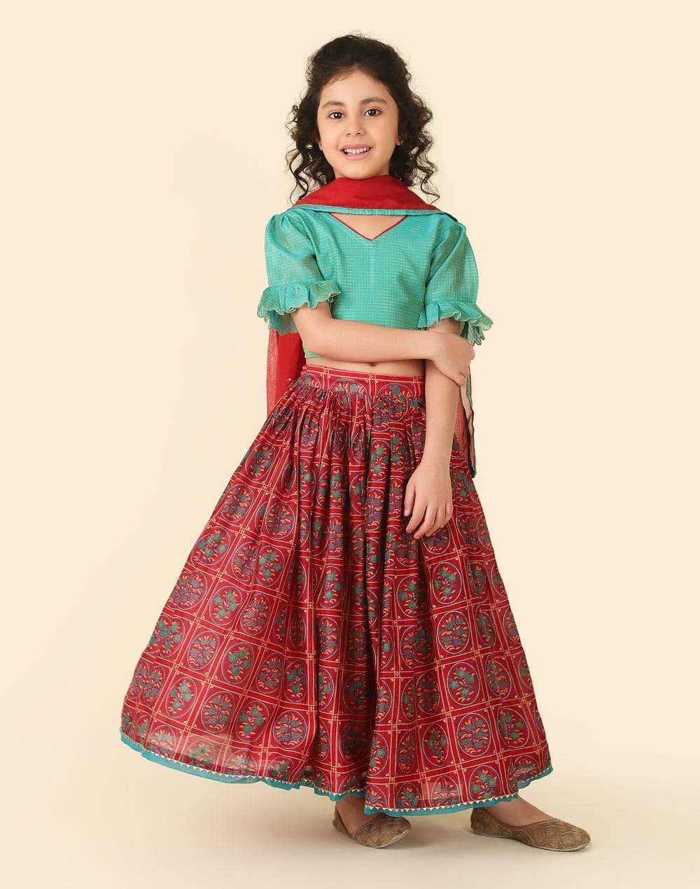 Fabindia Girl's Cotton Silk Blend Lehenga Set (1032843MAGENTA_Red_3-4Y)