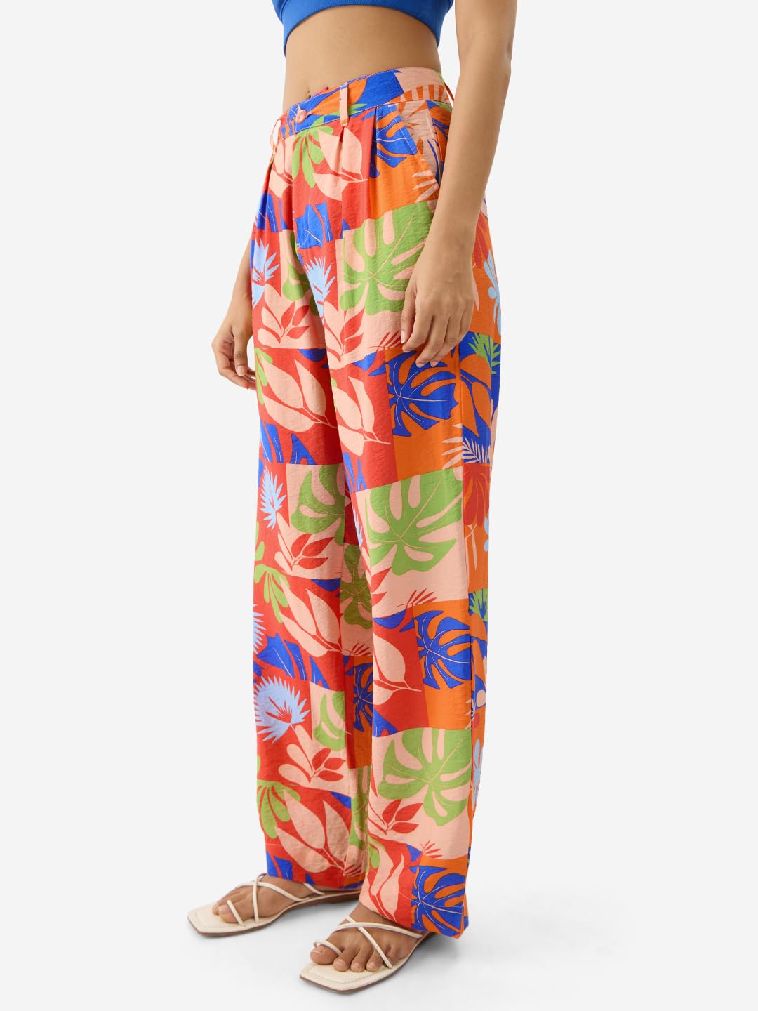 The Souled Store Leafy Charm Women and Girls Multicolor All Over Printed Viscose Straight Fit Pants Loose Fit Wide Pants for Eve