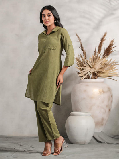 anubhutee Women's Pure Cotton Solid OLIVE Kurta Suit Set with Trousers