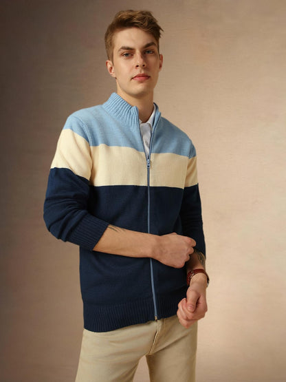 Dennis Lingo Men Grey Colorblock Slim Fit Full Sleeve Mock Collar Pullover Sweater