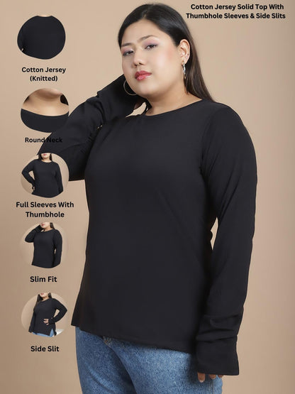 Rigo Plus Size Thumbhole Top for Women | Round Neck, Side Slits, Slim Fit Top for Women | Western Tops for Girls | Gym/Sports We