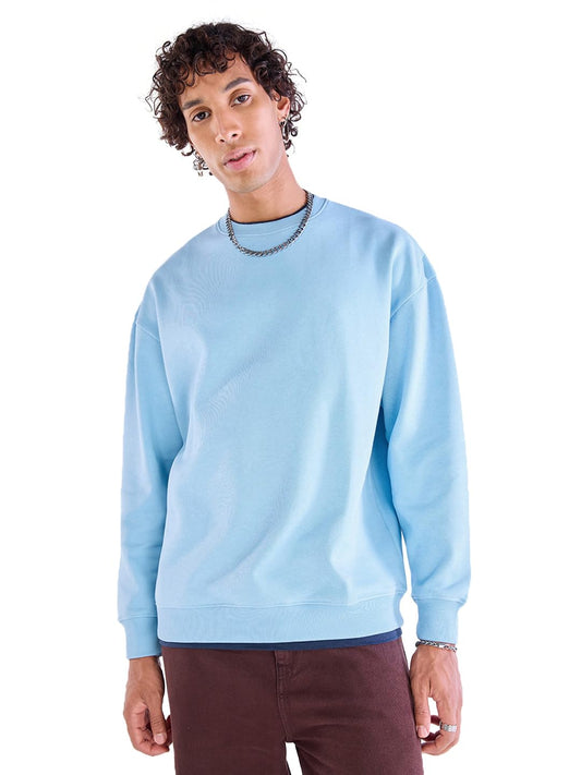 Bewakoof Heavy Duty 1.0 Mens Solid Oversized Fit Full Sleeve Round Neck Fleece Blend Sweatshirt_644602_Blue_XL