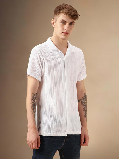 Dennis Lingo Men White Poly Seersucker Half Sleeve Shirt Collar Stripes Shirts