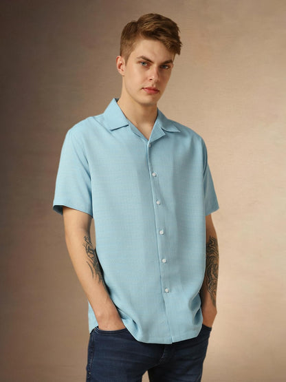 Dennis Lingo MenS Blue Half Sleeve Cuban Collar Solid Textured Relaxed Fit Casual Shirt