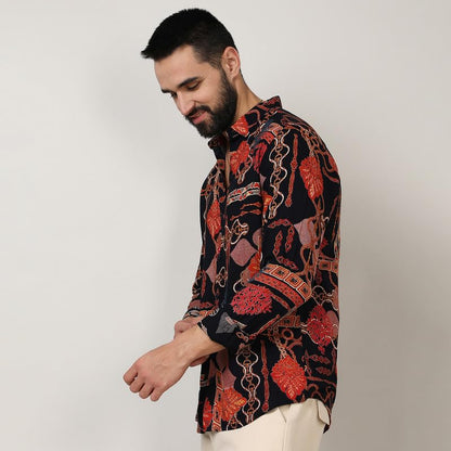 Campus Sutra Mens Crimson Red & Navy Blue Artistic Block Shirt for Casual Wear | Spread Collar | Long Sleeve | Button Closure |