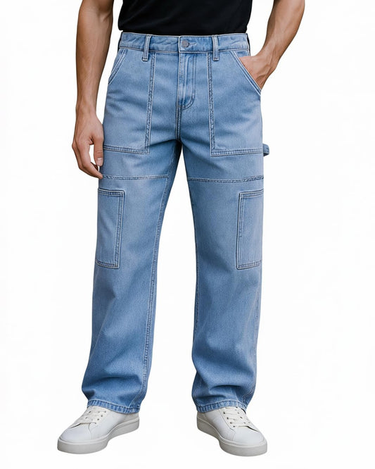 Bewakoof MenS Solid Straight Fit Cotton Cargo Carpenter Jeans_624693_Blue_36