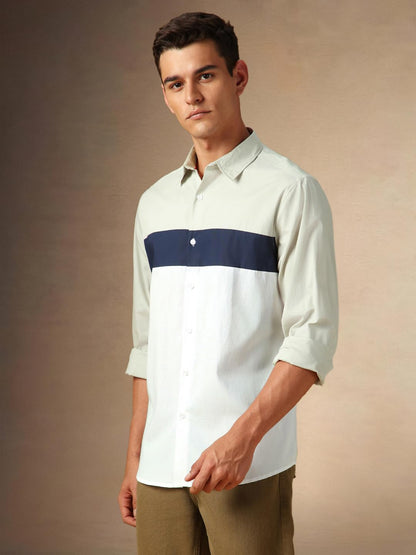 Dennis Lingo Men Colorblock 100% Cotton Regular Fit Full Sleeves Shirts Beige