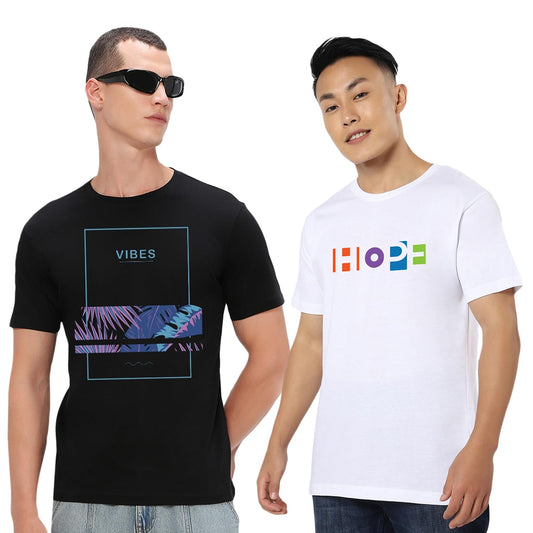 Bewakoof Mens Vibes and Hope Printed 100% Cotton T-Shirts (Pack of 2) - Regular Fit, Round Neck, Half Sleeves_601718_Black & Wh
