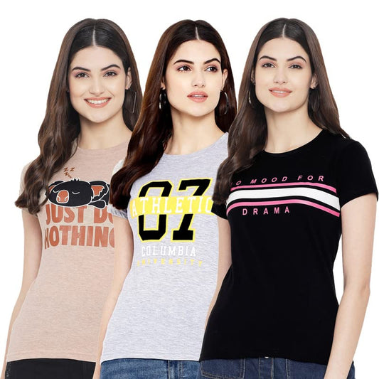 Preneum Womens Cotton Regular Fit Latest Graphic Stylish Printed Short Sleeves Casual T-Shirt || Trend & Styles (Pack 3), Brown