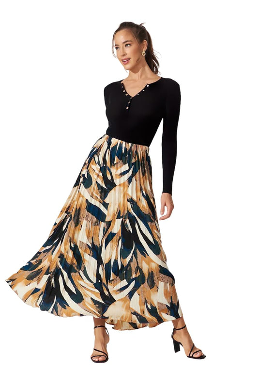 Kzully | Printed Pleated Long Skirt Versatile Elegance For Every Occasion Yellow