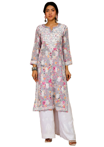 Gosriki WomenS Rayon Blend Chikankari Embroidered Straight Kurta (Kisrup-Multi-Gs_L_Grey_Large)