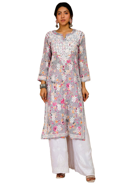 Gosriki WomenS Rayon Blend Chikankari Embroidered Straight Kurta (Kisrup-Multi-Gs_Xl_Grey_X-Large)