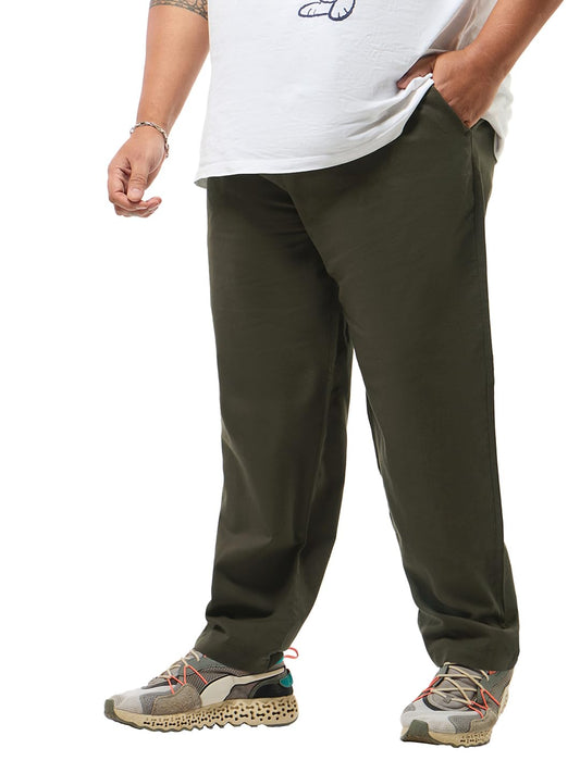 Bewakoof Mens Solid Straight Fit Cotton Linen Blend Plus Size Pants_628756_Brown_3XL