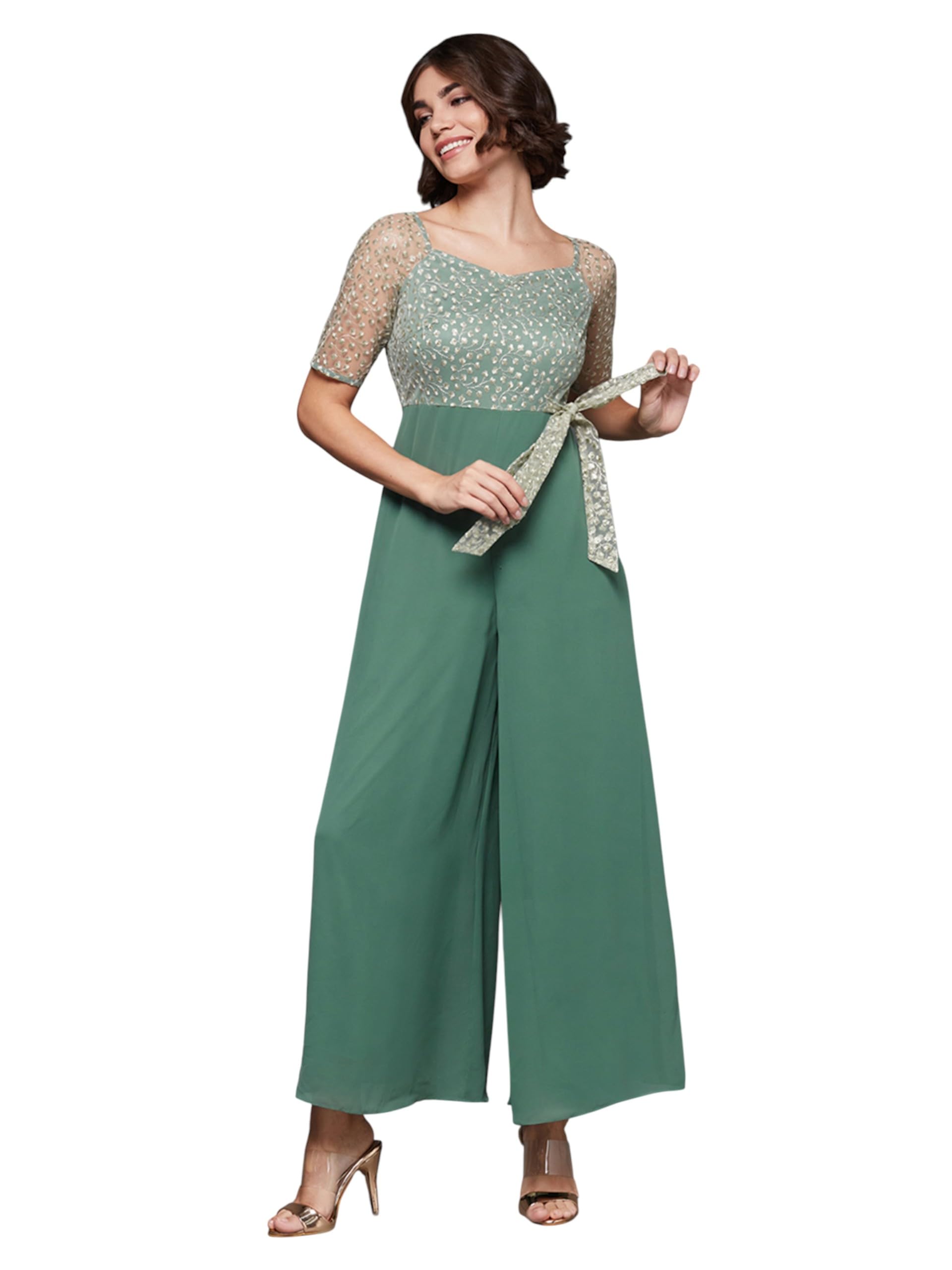 Miss Chase Womens Self Design Cut-Out Georgette Jumpsuit (MCSS23D15-69-JKD-04, Petal Green, M)