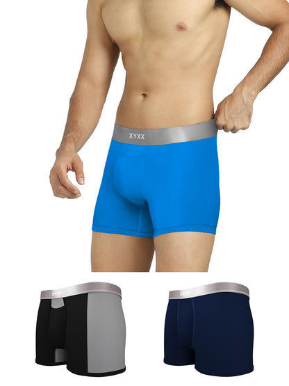 XYXX Mens Underwear Illuminati IntelliSoft Antimicrobial Micro Modal Trunk Pack of 3 (Black & Steel Grey ; Brilliant Blue ; Bla