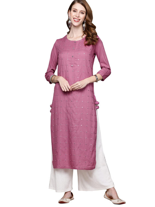 ishin Women's Viscose Rayon Purple Embroidered A-Line Kurta