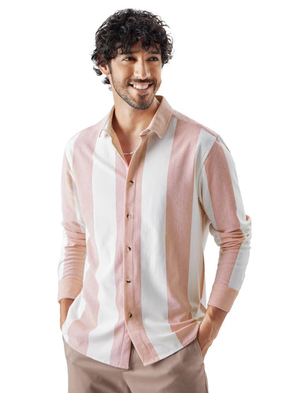 The Souled Store Men Stripes: White and Red Knit Shirt Shirts Casual Button-Down Half Sleeve Printed Graphic Short Sleeve Casual