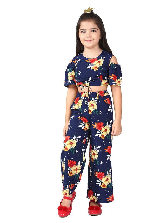 Naughty Ninos Girls Navy Floral Printed Polyester Top With Palazzos(Nn00886Drs)