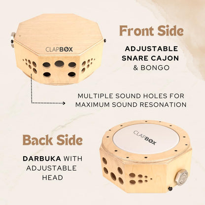 Clapbox Travel Cajembe Drum - Birch Wood, 6" H x 12" W x 12" L, Padded Bag & Strap, Snare Adjusting Feature, Model CB02