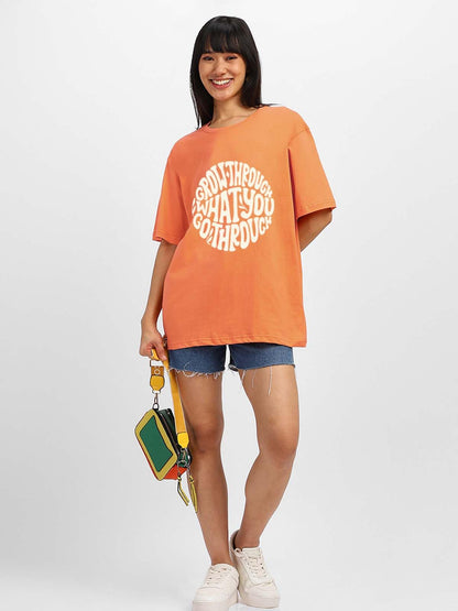 Juneberry WomenS Casual Pure Cotton Orange Printed Round Neck, Longline Drop Shoulder Loose Oversized T-Shirt |Oversized Tshirt