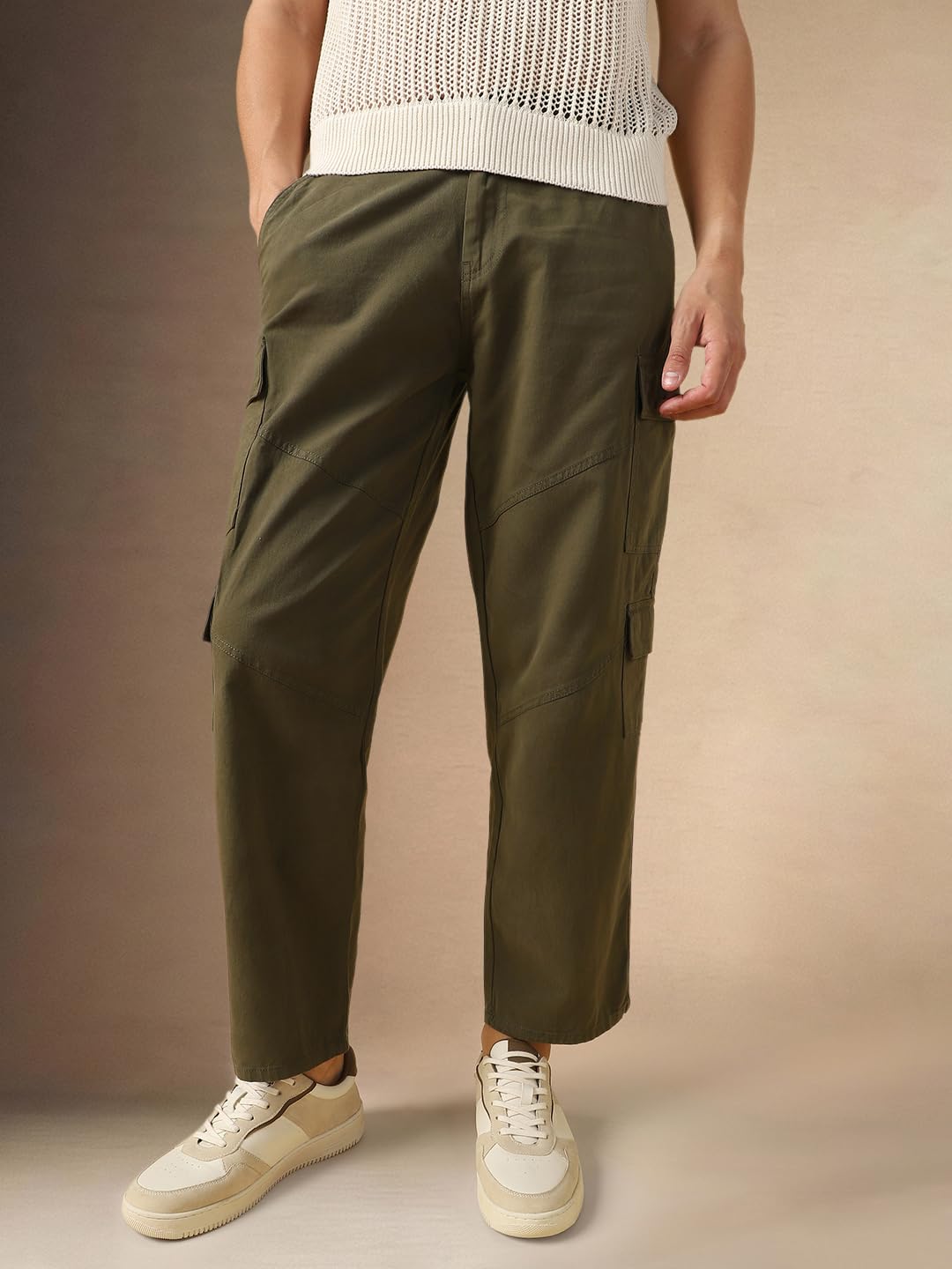 Dennis Lingo Mens Olive Solid Cotton Loose Fit Cargo Trouser